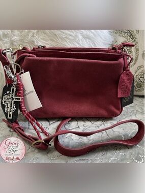 NWT Valentina Medium Burgundy Suede Crossbody Bag